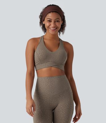 Medium Support V Neck Leopard Built-in Bra Racerback Training Sports Bra
