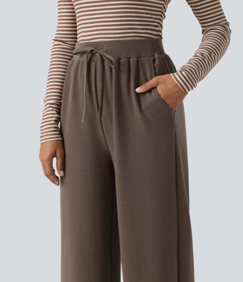 Waffle High Waisted Drawstring Straight Leg Casual Pants with Pockets