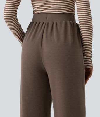 Waffle High Waisted Drawstring Straight Leg Casual Pants with Pockets