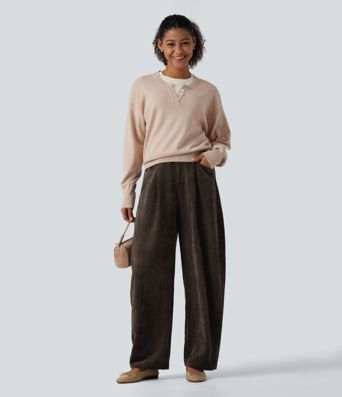 High Waisted Barrel Leg Corduroy Casual Pants with Pockets