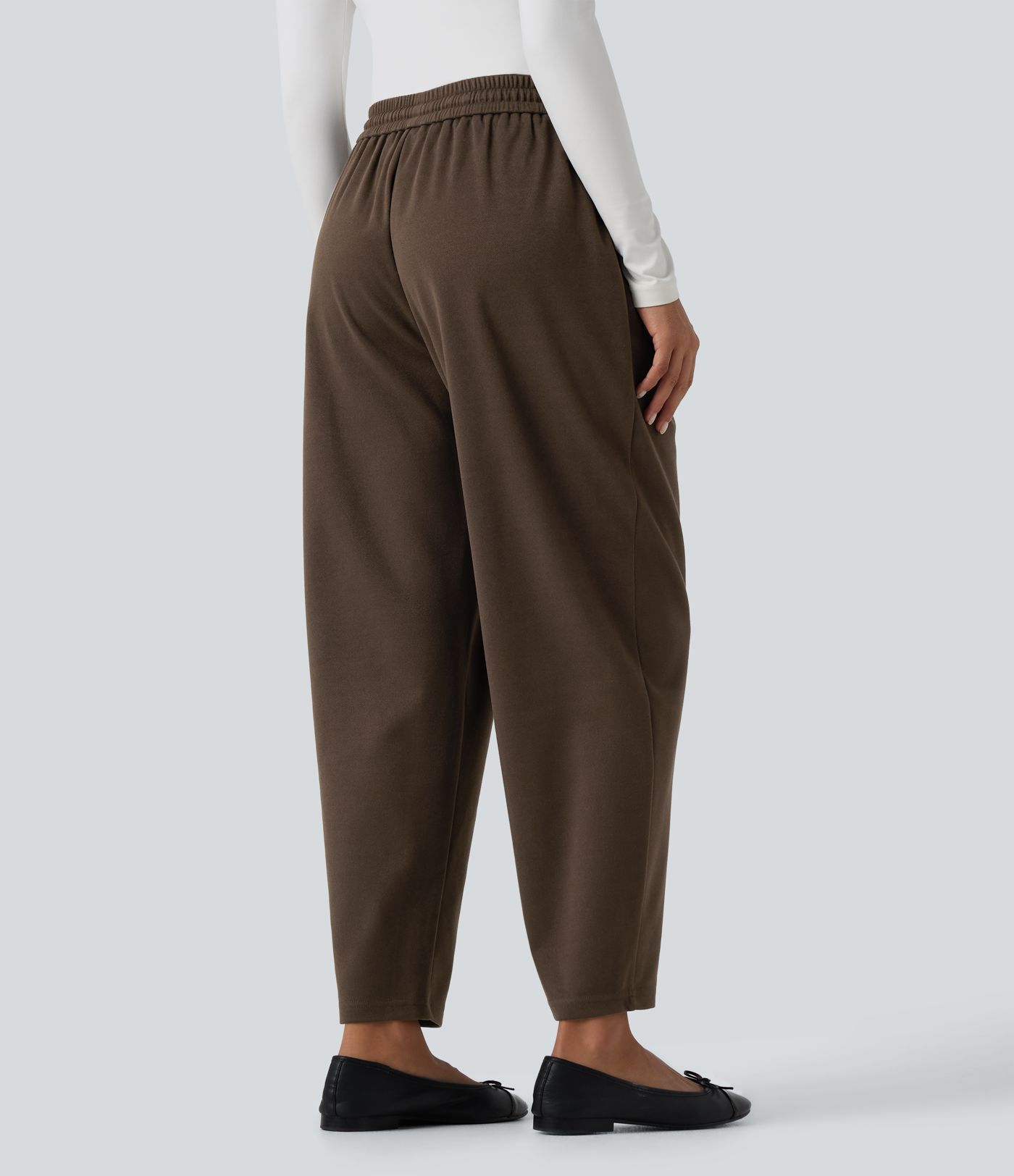 High Waisted Drawstring Tapered Work Pants with Pockets