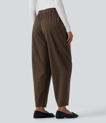 High Waisted Drawstring Tapered Work Pants with Pockets