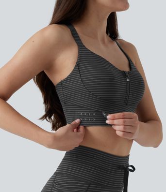 Medium Support Push Up Zipper Adjustable Built-in Bra Buckle Striped Running Sports Bra