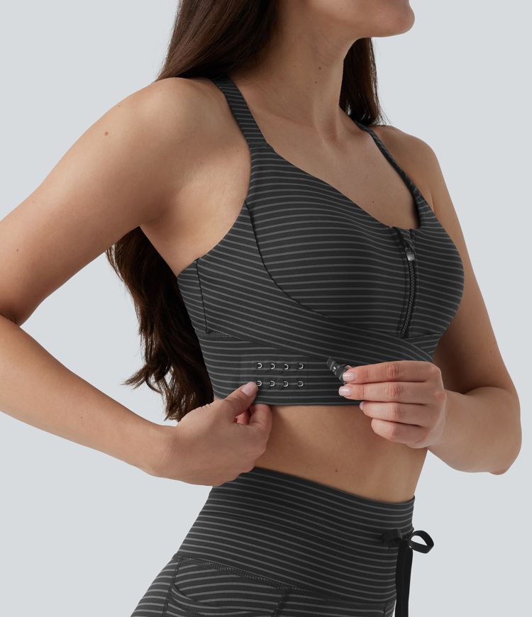 Medium Support Push Up Zipper Adjustable Built-in Bra Buckle Striped Running Sports Bra