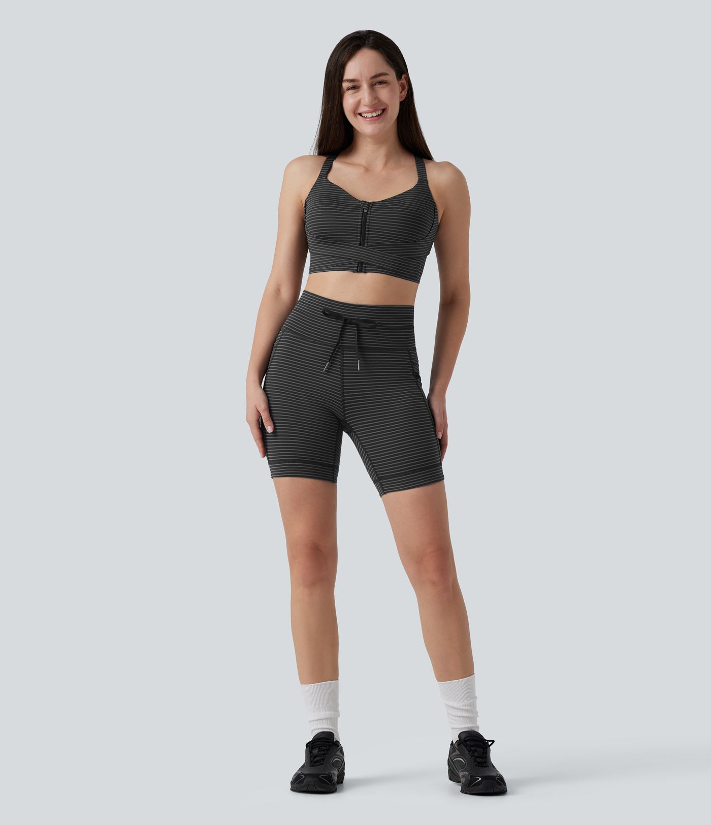 Medium Support Push Up Zipper Adjustable Built-in Bra Buckle Striped Running Sports Bra