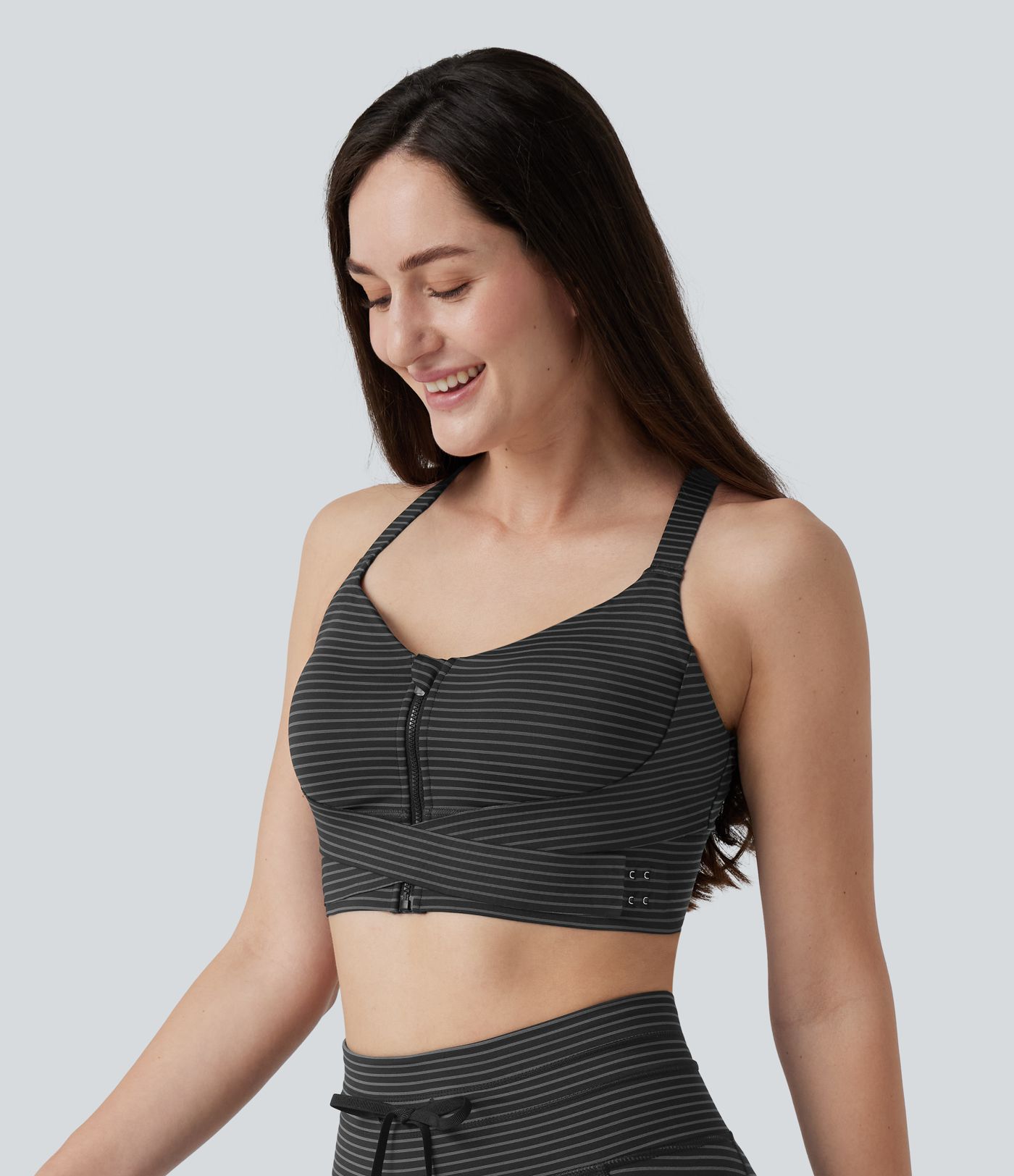 Medium Support Push Up Zipper Adjustable Built-in Bra Buckle Striped Running Sports Bra