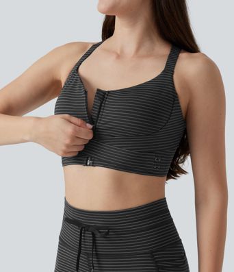 Medium Support Push Up Zipper Adjustable Built-in Bra Buckle Striped Running Sports Bra
