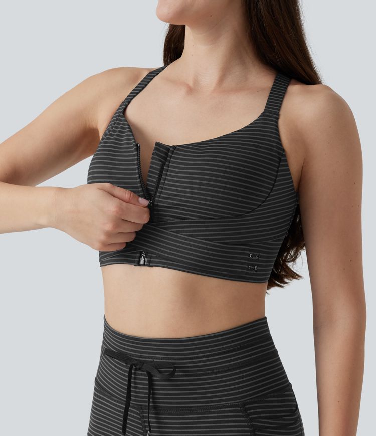 Medium Support Push Up Zipper Adjustable Built-in Bra Buckle Striped Running Sports Bra