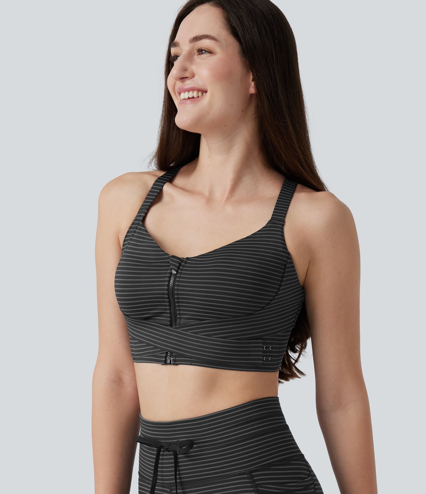 Medium Support Push Up Zipper Adjustable Built-in Bra Buckle Striped Running Sports Bra