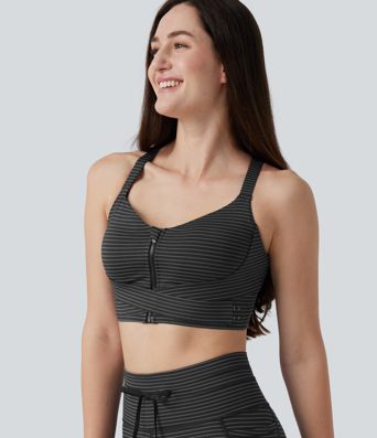 Medium Support Push Up Zipper Adjustable Built-in Bra Buckle Striped Running Sports Bra