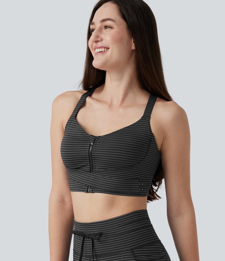 Medium Support Push Up Zipper Adjustable Built-in Bra Buckle Striped Running Sports Bra