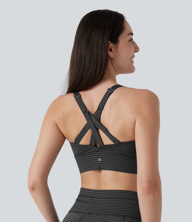 Medium Support Push Up Zipper Adjustable Built-in Bra Buckle Striped Running Sports Bra