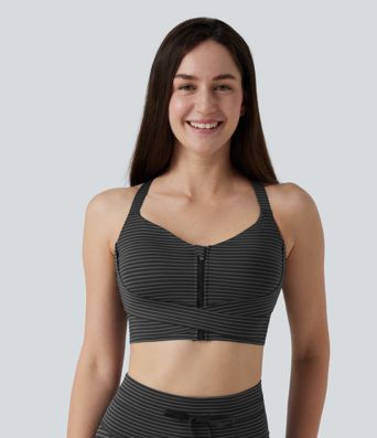 Medium Support Push Up Zipper Adjustable Built-in Bra Buckle Striped Running Sports Bra
