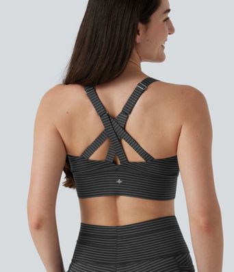 Medium Support Push Up Zipper Adjustable Built-in Bra Buckle Striped Running Sports Bra