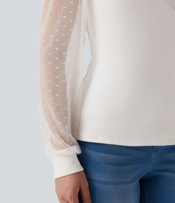 V Neck Long Sleeve Polka Dot Contrast Mesh Casual Blouse