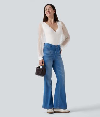 V Neck Long Sleeve Polka Dot Contrast Mesh Casual Blouse