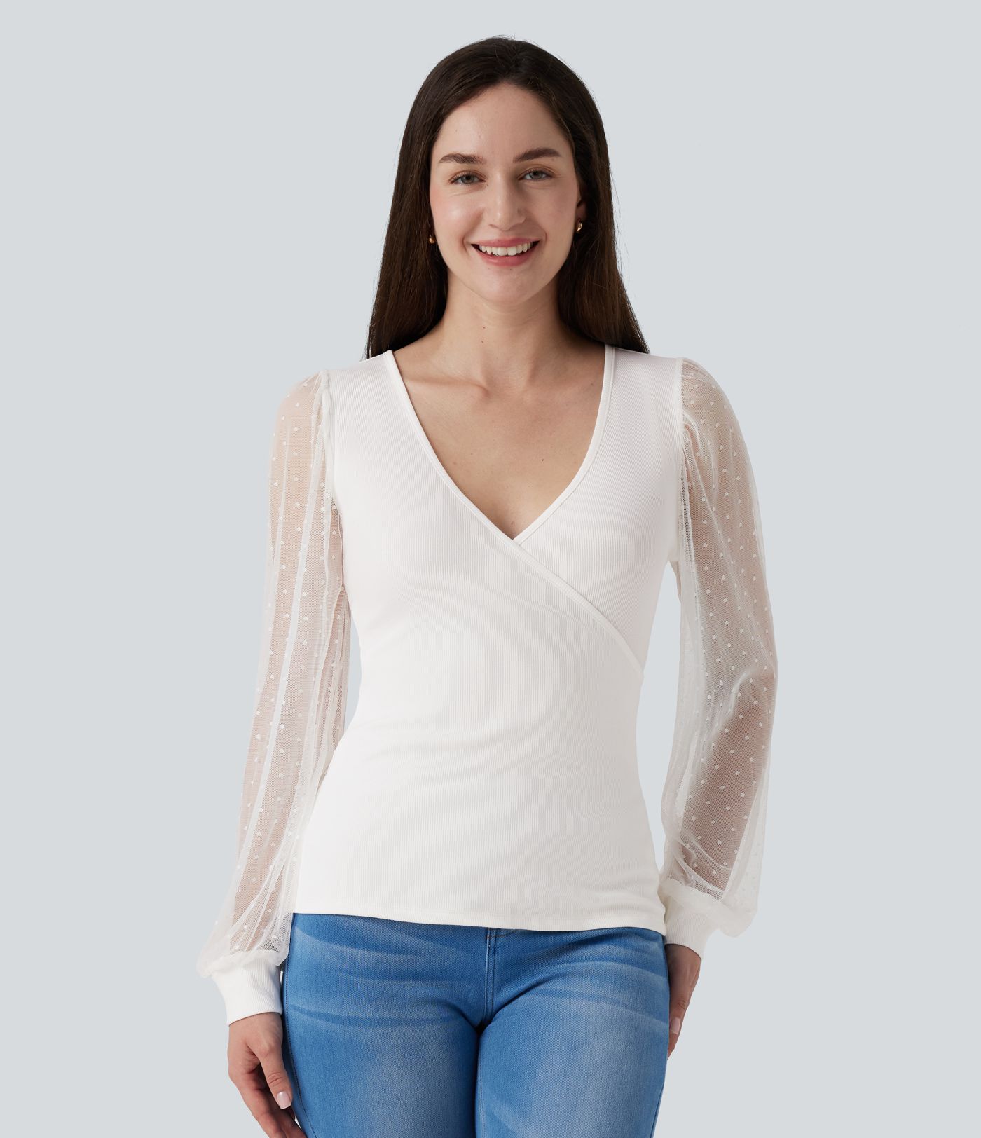 V Neck Long Sleeve Polka Dot Contrast Mesh Casual Blouse