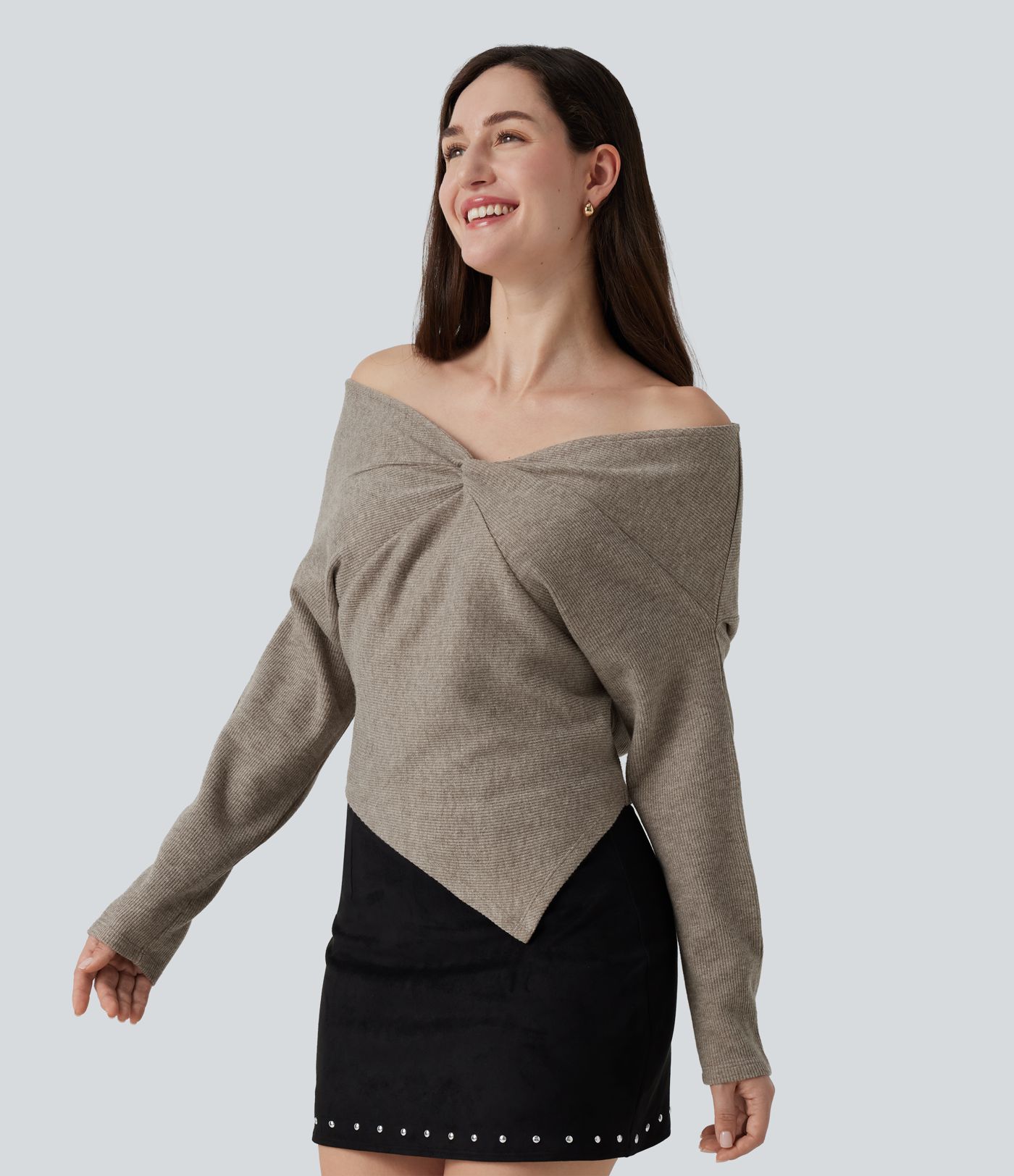 Off Shoulder Batwing Long Sleeve Asymmetric Casual Top