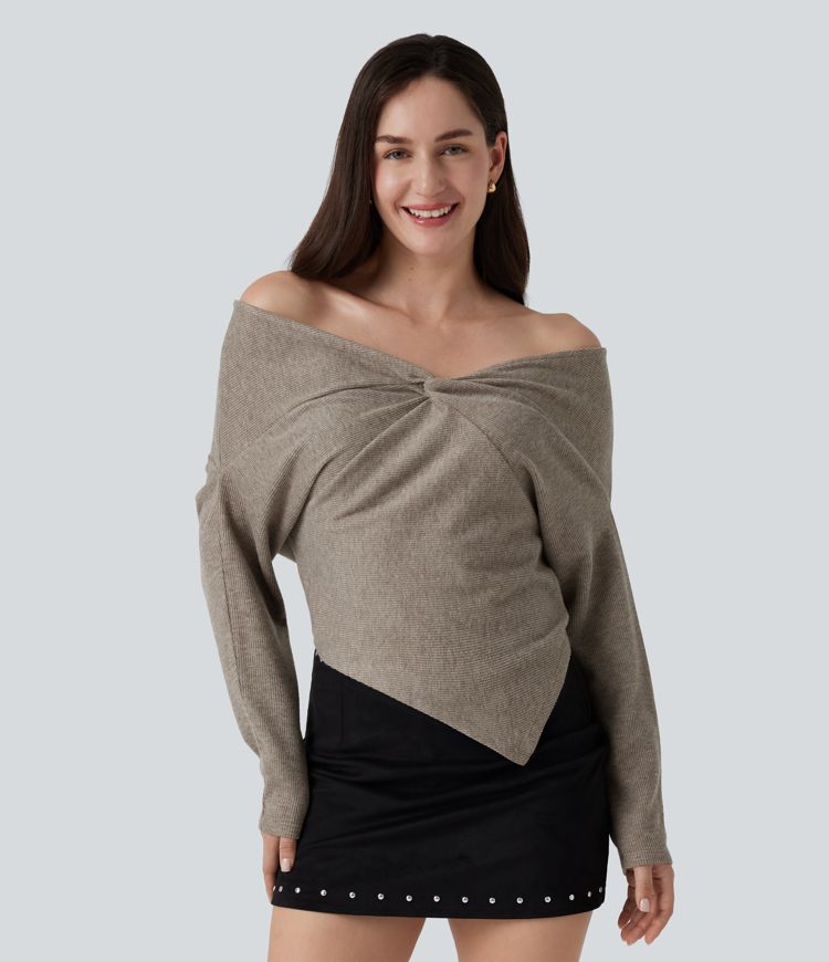 Off Shoulder Batwing Long Sleeve Asymmetric Casual Top