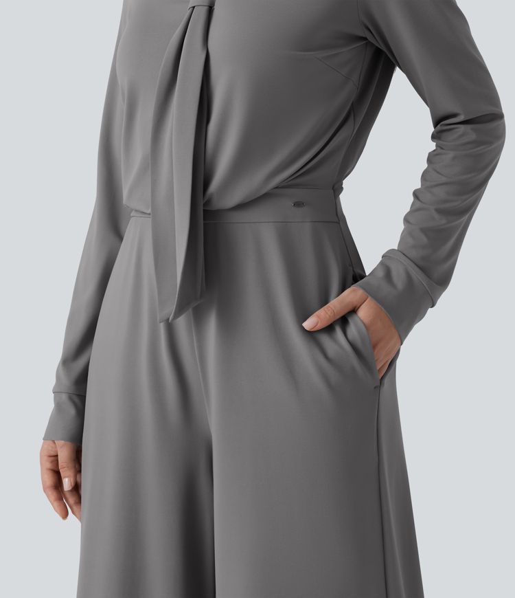 V Neck Long Sleeve Wide Leg Work Jumpsuit with Pockets-Easy Peezy Edition