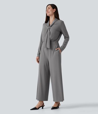 V Neck Long Sleeve Wide Leg Work Jumpsuit with Pockets-Easy Peezy Edition
