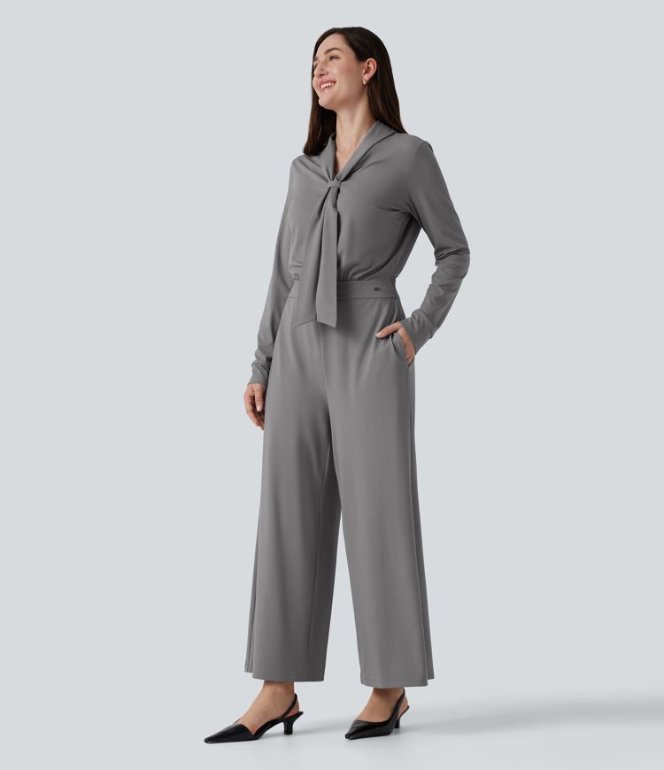 V Neck Long Sleeve Wide Leg Work Jumpsuit with Pockets-Easy Peezy Edition