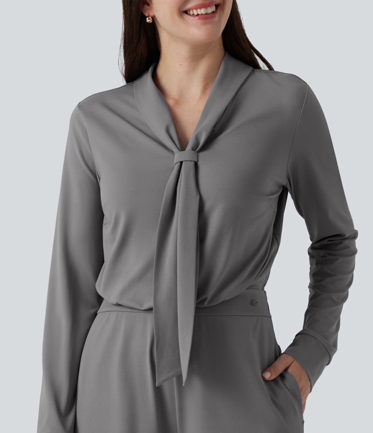 V Neck Long Sleeve Wide Leg Work Jumpsuit with Pockets-Easy Peezy Edition