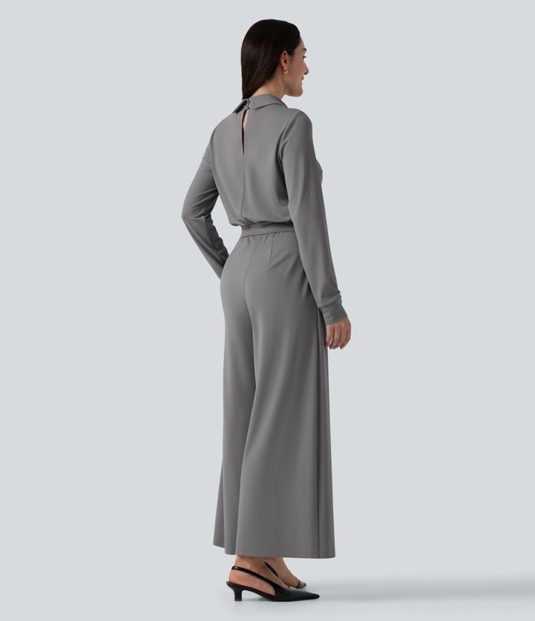 V Neck Long Sleeve Wide Leg Work Jumpsuit with Pockets-Easy Peezy Edition
