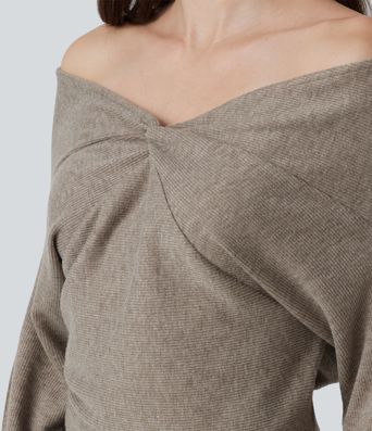 Off Shoulder Batwing Long Sleeve Asymmetric Casual Top