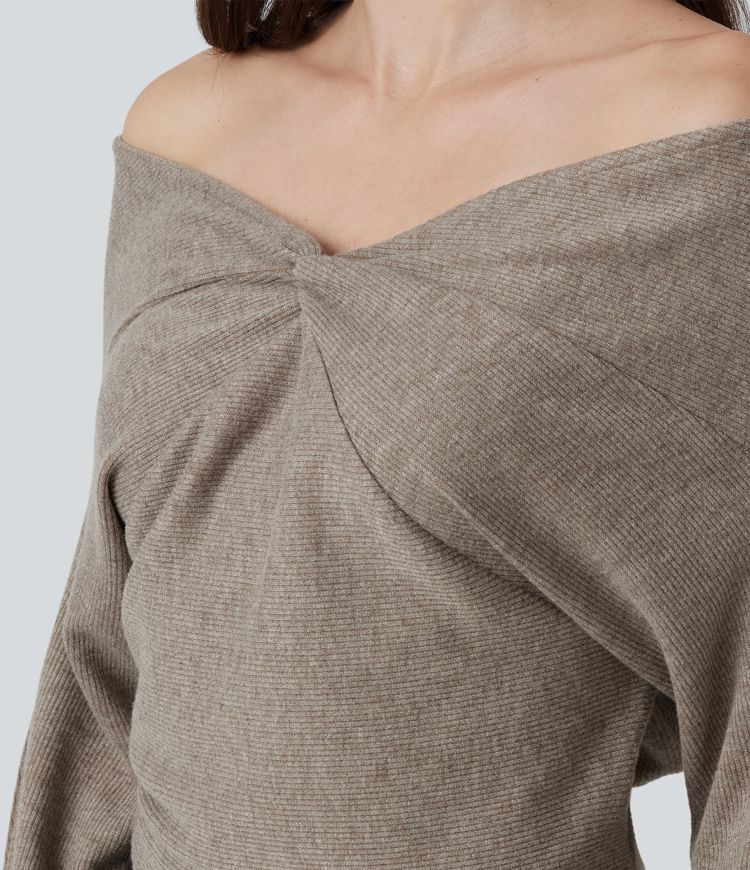 Off Shoulder Batwing Long Sleeve Asymmetric Casual Top