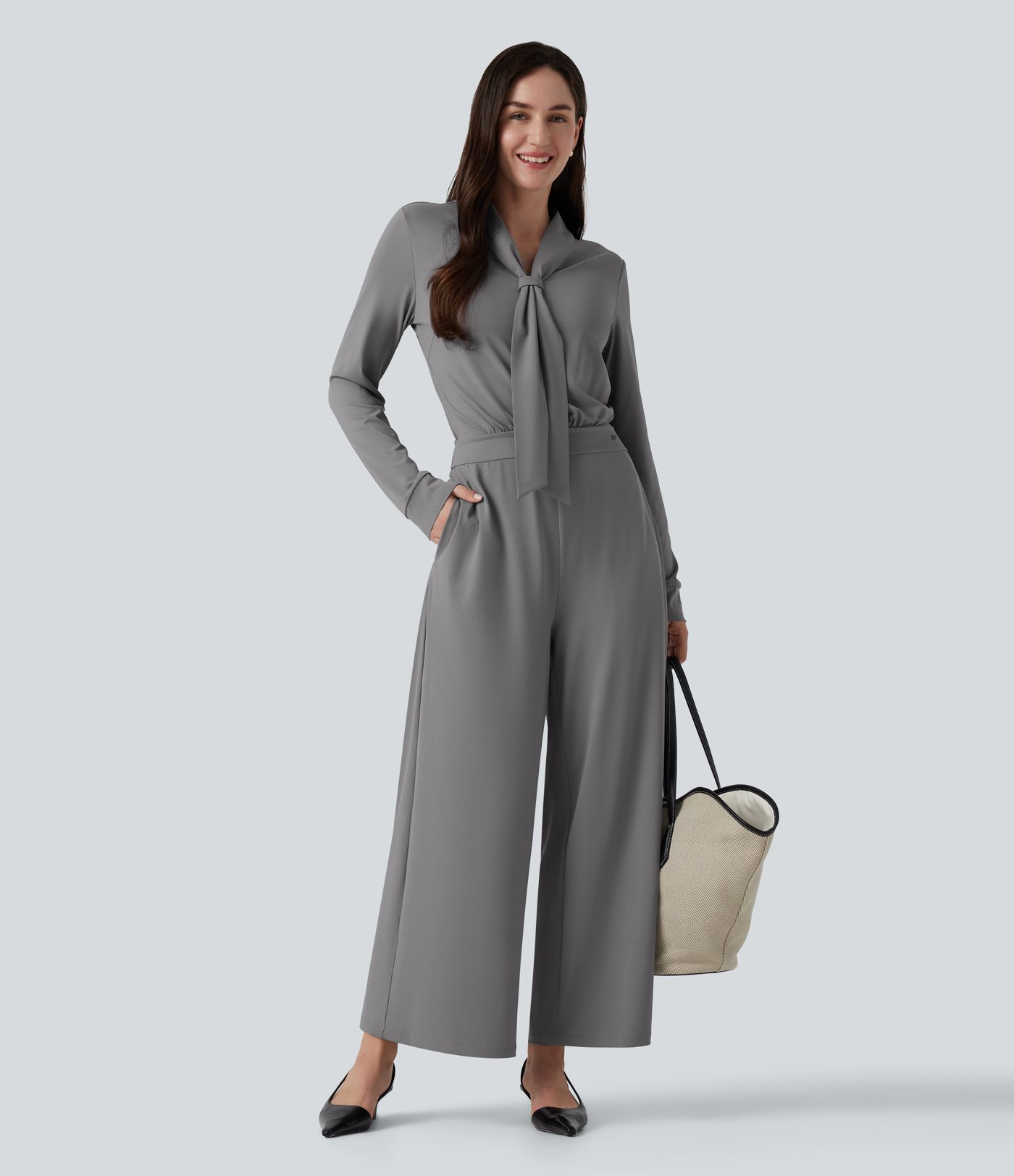 V Neck Long Sleeve Wide Leg Work Jumpsuit with Pockets-Easy Peezy Edition