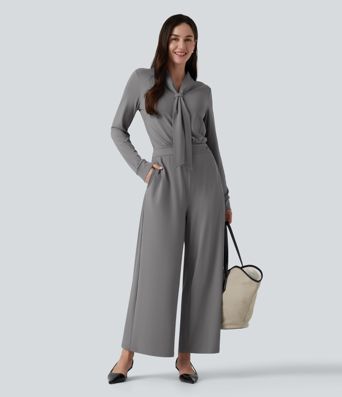 V Neck Long Sleeve Wide Leg Work Jumpsuit with Pockets-Easy Peezy Edition