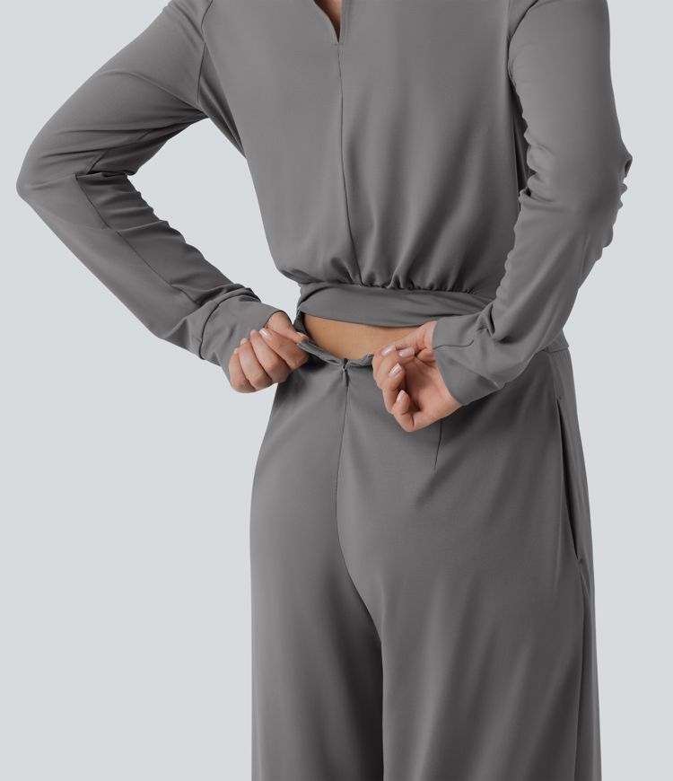 V Neck Long Sleeve Wide Leg Work Jumpsuit with Pockets-Easy Peezy Edition