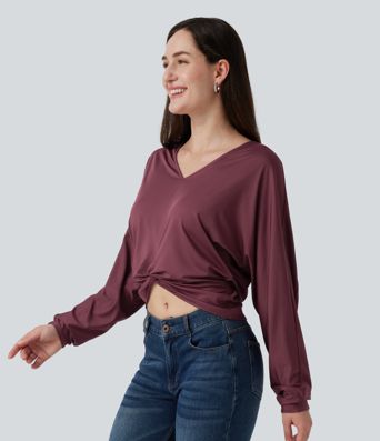 V Neck Batwing Long Sleeve Twisted Casual Top