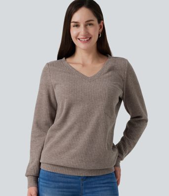 V Neck Long Sleeve Casual Top with Chest Pocket V Neck Long Sleeve Casual Top with Chest Pocket
