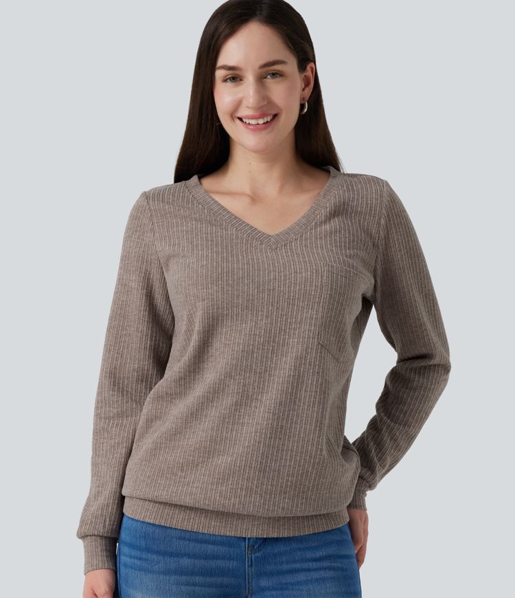 V Neck Long Sleeve Casual Top with Chest Pocket V Neck Long Sleeve Casual Top with Chest Pocket