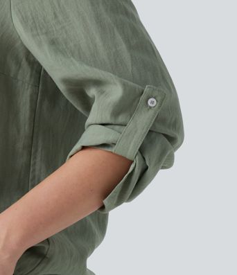 V Neck Long Sleeve Linen-Feel Work Tie Blouse