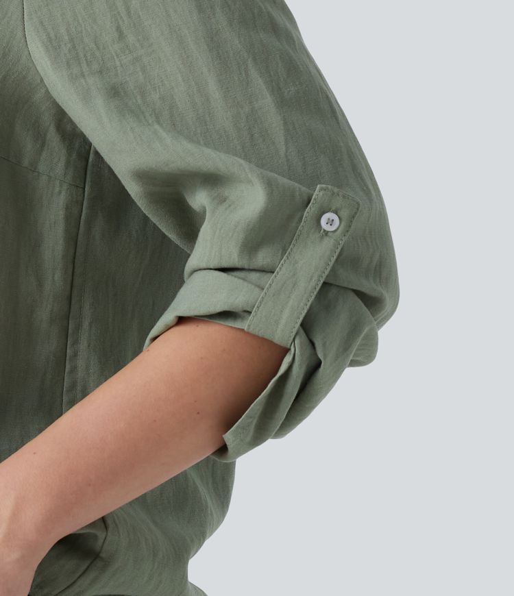 V Neck Long Sleeve Linen-Feel Work Tie Blouse