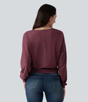 V Neck Batwing Long Sleeve Twisted Casual Top