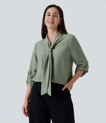 V Neck Long Sleeve Linen-Feel Work Tie Blouse