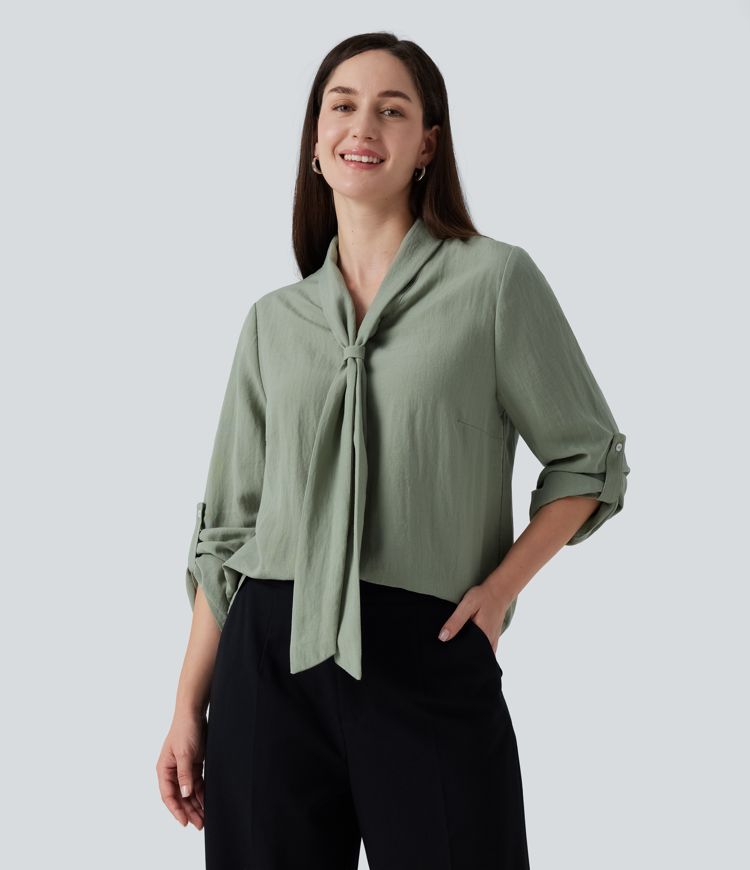 V Neck Long Sleeve Linen-Feel Work Tie Blouse