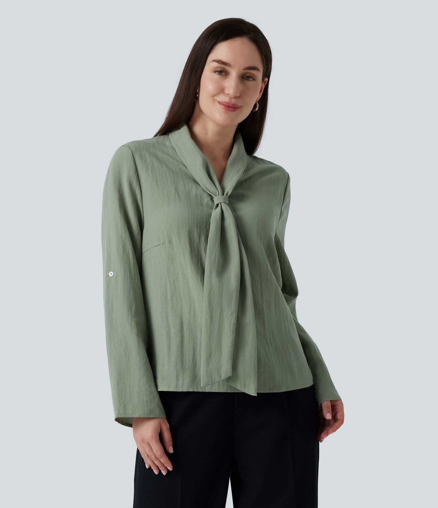 V Neck Long Sleeve Linen-Feel Work Tie Blouse