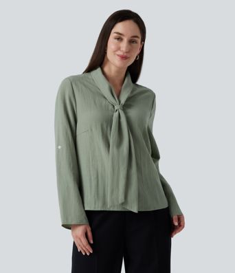V Neck Long Sleeve Linen-Feel Work Tie Blouse