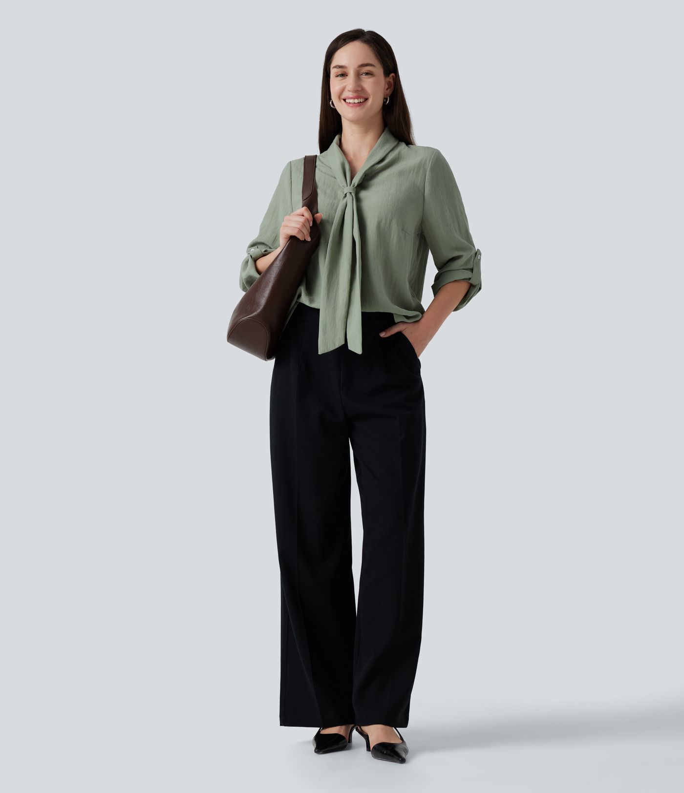 V Neck Long Sleeve Linen-Feel Work Tie Blouse