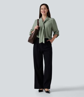 V Neck Long Sleeve Linen-Feel Work Tie Blouse