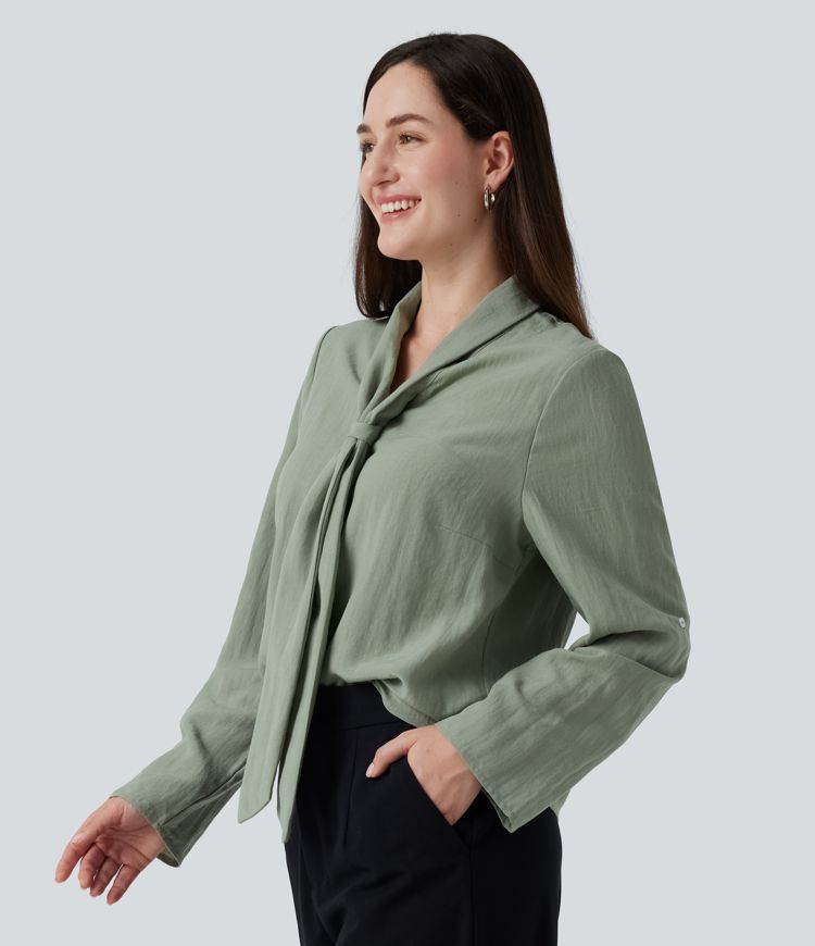 V Neck Long Sleeve Linen-Feel Work Tie Blouse
