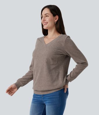 V Neck Long Sleeve Casual Top with Chest Pocket V Neck Long Sleeve Casual Top with Chest Pocket
