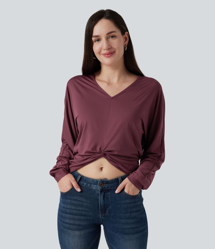 V Neck Batwing Long Sleeve Twisted Casual Top