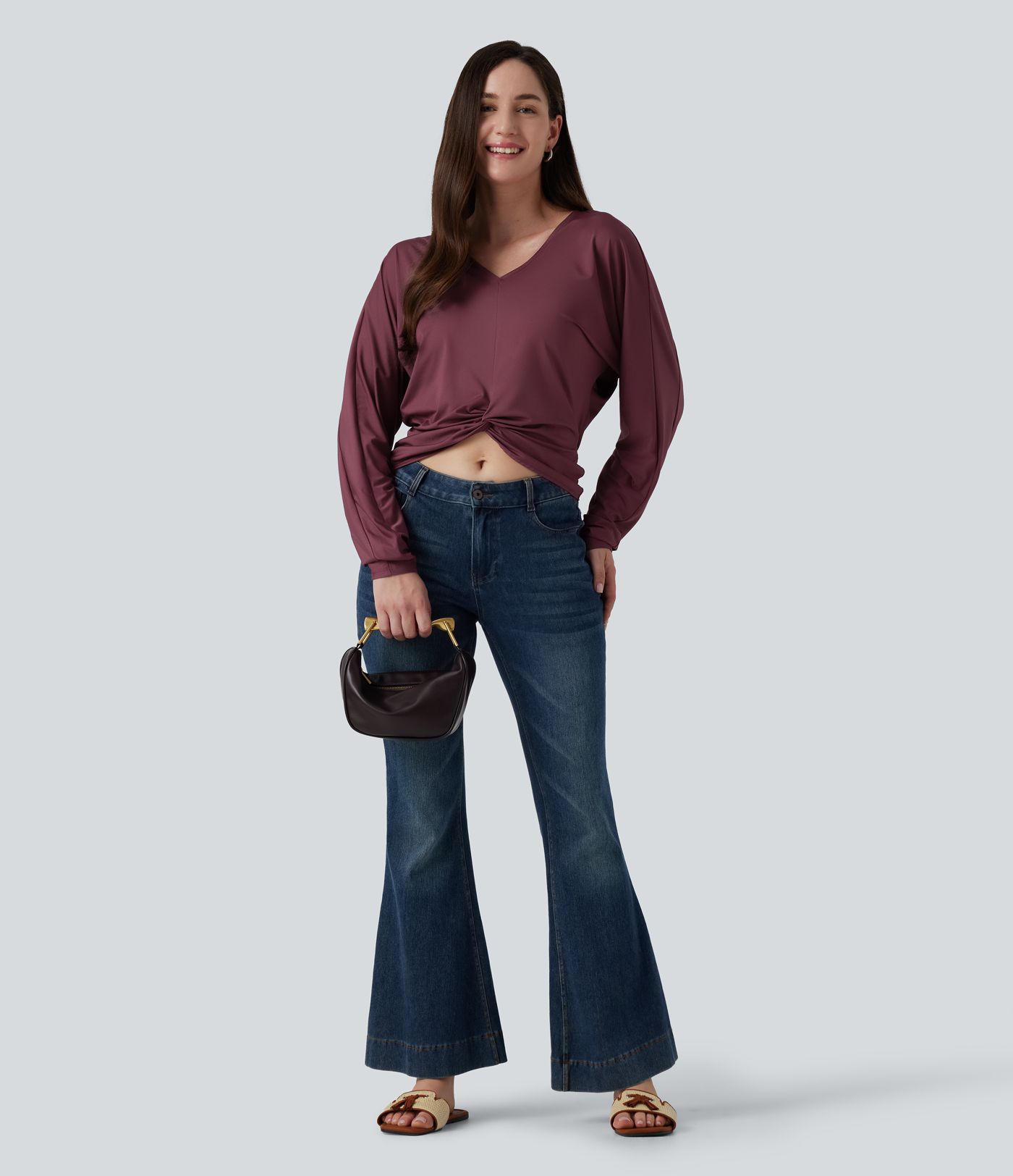V Neck Batwing Long Sleeve Twisted Casual Top