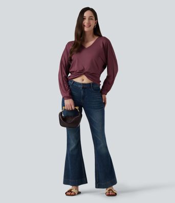 V Neck Batwing Long Sleeve Twisted Casual Top